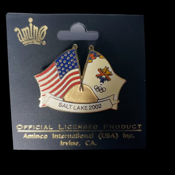 2002 Salt Lake City Olympics USA & Olympic Crossed Flags Hat or Lapel Pin - Picture 2 of 3